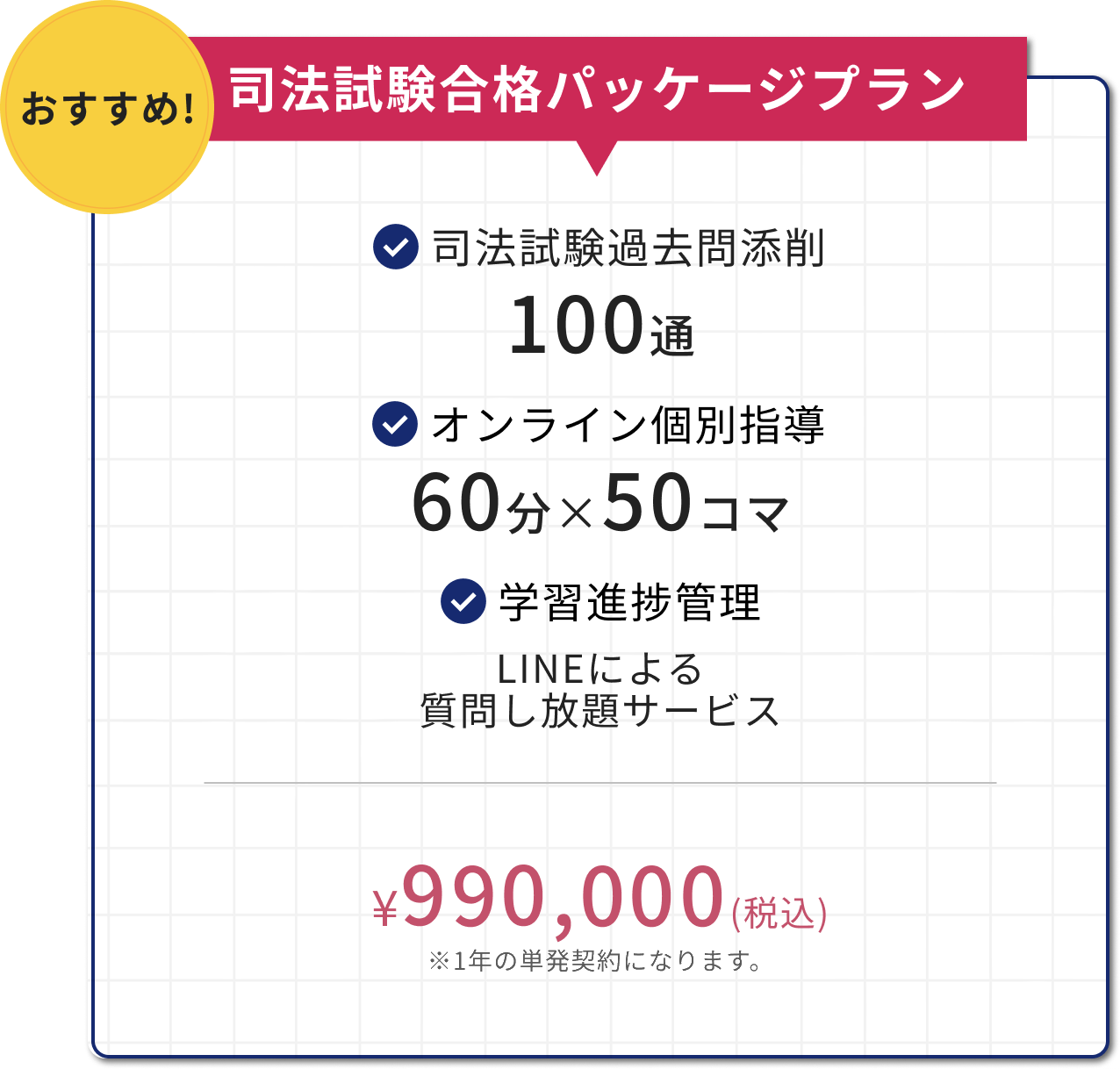 司法試験合格パッケージプラン 990,000円（税込）1年の単発契約