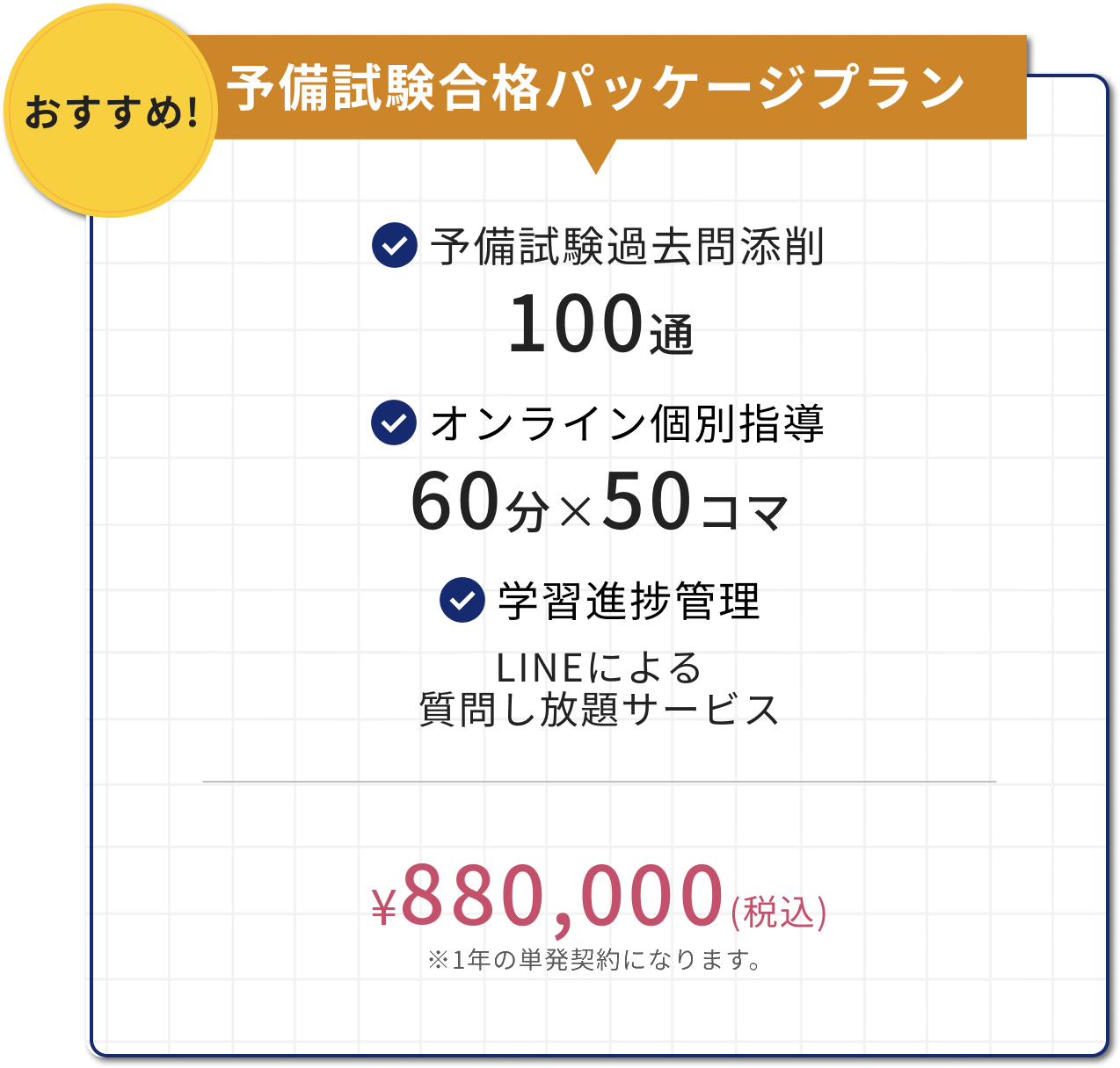 予備試験合格パッケージプラン 880,000円（税込）1年の単発契約